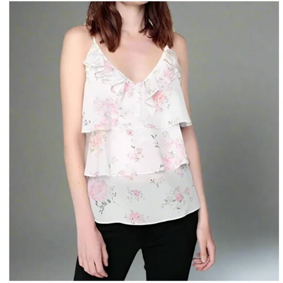 The Kooples Silk Floral Camisole XS White Tiered Sleeveless V Neck Ruffle Cream - Picture 1 of 7